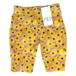 Zara NWT Pink Yellow Sunflower Floral Yoga Stretch Athletic Yoga Biker Shorts S